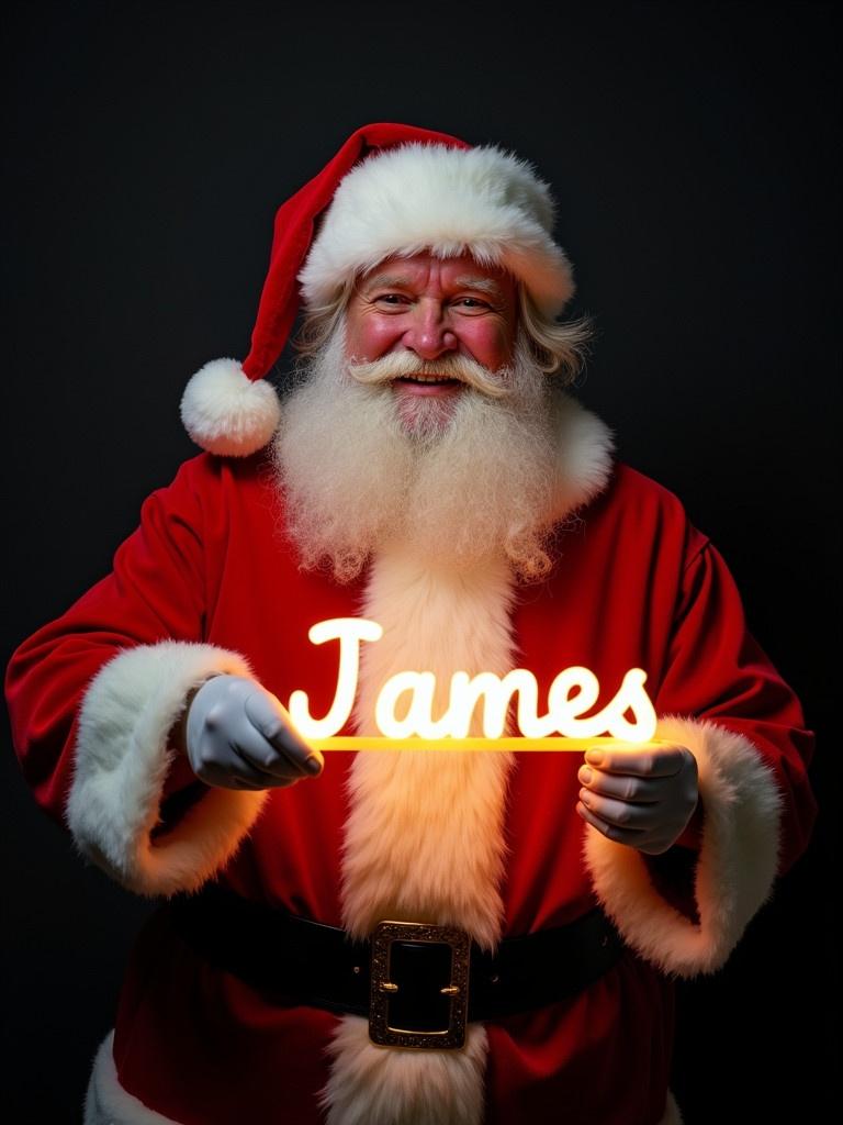 Santa Claus in traditional red and white suit holds glowing text that spells James. Santa looks cheerful. Dark background enhances the glow. Captures Christmas magic.