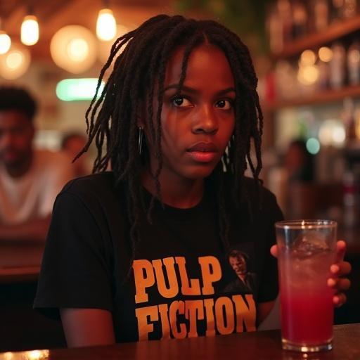 A young woman with messy box braids sits at a bar. She wears a Pulp Fiction shirt. She holds a red cocktail in her hand. The atmosphere is warm and casual. She looks uneasy while staring off. Other people are in the background.