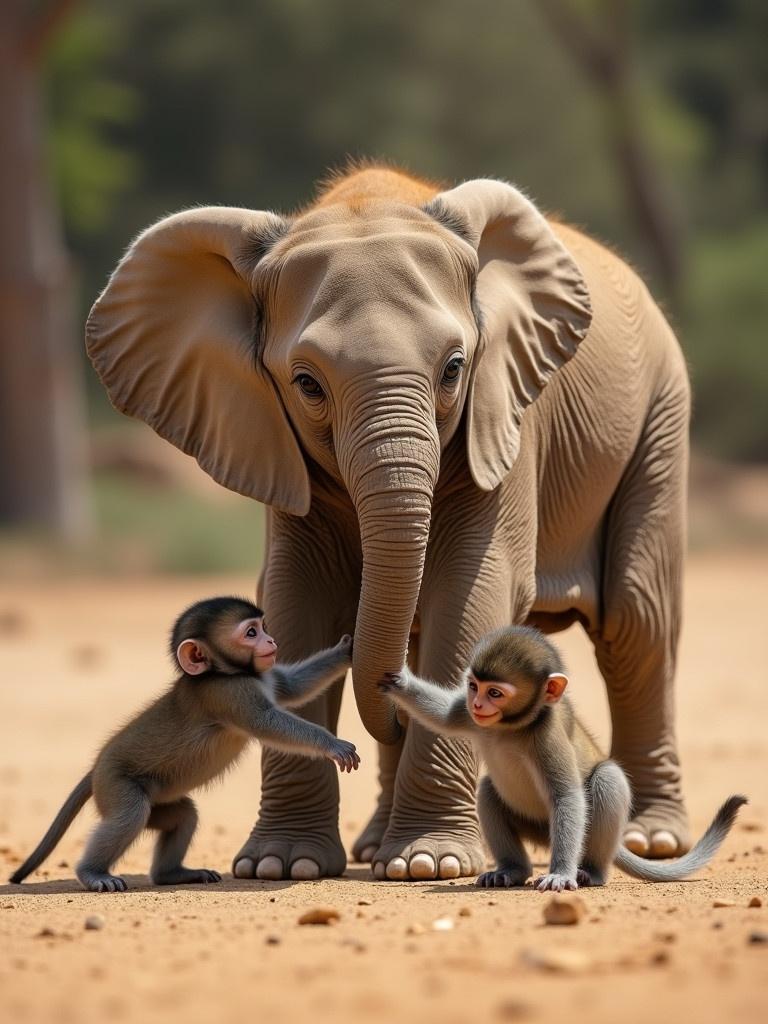 A baby elephant and two baby monkeys interact joyfully on a dusty ground. They touch each other's limbs playfully as they explore their surroundings. The setting shows a blurred natural background with warm tones. The baby elephant looks curious while the monkeys are energetic.