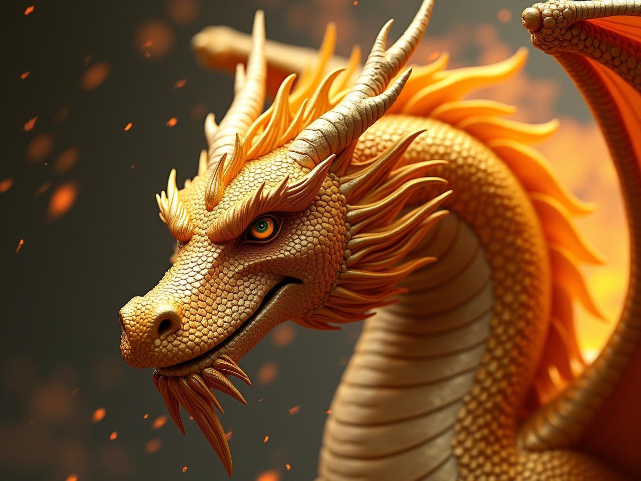 Complete the head of the gold dragon by adding a full body with detailed scales, wings, and a dynamic pose. The dragon should have a majestic and powerful stance, with wings spread out and intricate textures that match the head's colors and fiery theme. Ensure the final image is of high quality, highlighting the dragon's features and making it stand out against a complementary background. The scales should shimmer in shades of gold and orange, reflecting light as if they were glowing with inner flames. The dragon's eyes should be fierce and commanding, embodying strength and wisdom.