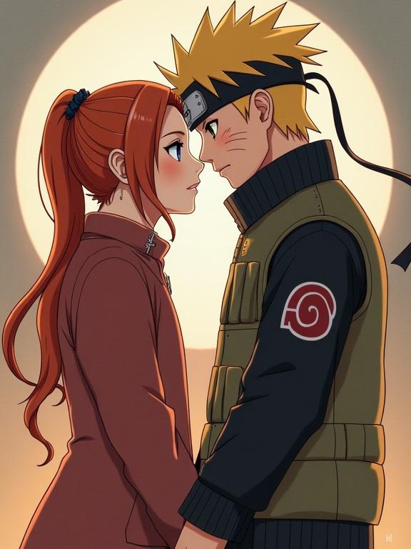 Couple from the Naruto series, Naruto and Hinata facing each other. Emphasis on their expressions and connection. Warm background lighting creates an intimate atmosphere.