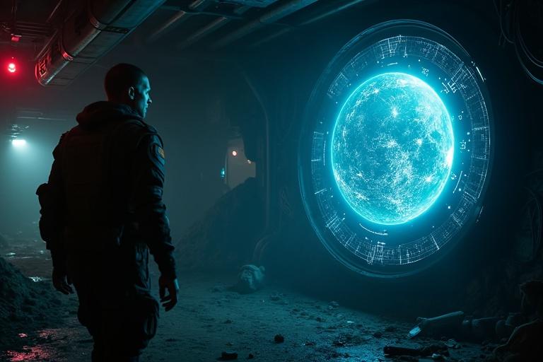 Ultra-realistic interior of a damaged alien spacecraft filled with smoke and debris. Flickering lights and exposed alien wiring pulse weakly. A partially functional alien console glows with mysterious blue light, projecting a 3D rotating model of a dark, stormy alien planet. A soldier approaches cautiously, face illuminated by the console’s glow, showing shock and confusion. Tense atmosphere with red emergency lights flickering in the background.