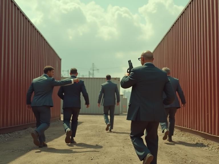Four men in formal suits in a freight container yard. One man aims a gun at another man who is running away. The atmosphere is tense and dramatic.