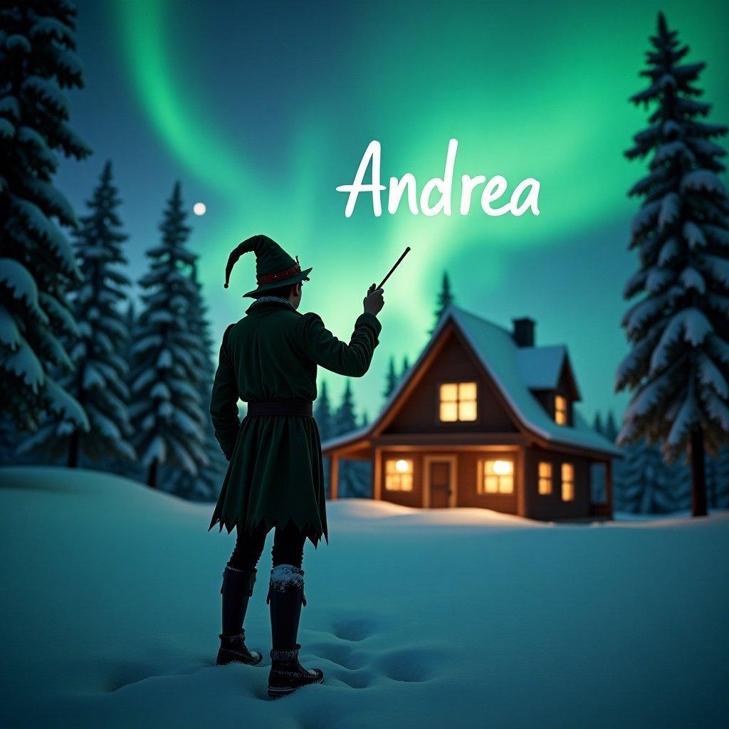 Elf stands with back to viewer. Elf writes in air using wand. Magical northern lights and cozy cabin in background.