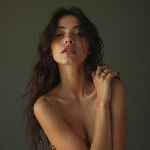 A close-up of a model showcasing elegance and natural beauty. The model appears with bare shoulders and a serene expression. The surrounding lighting is soft, enhancing the warm tones of the skin. The photograph emphasizes grace and simplicity.