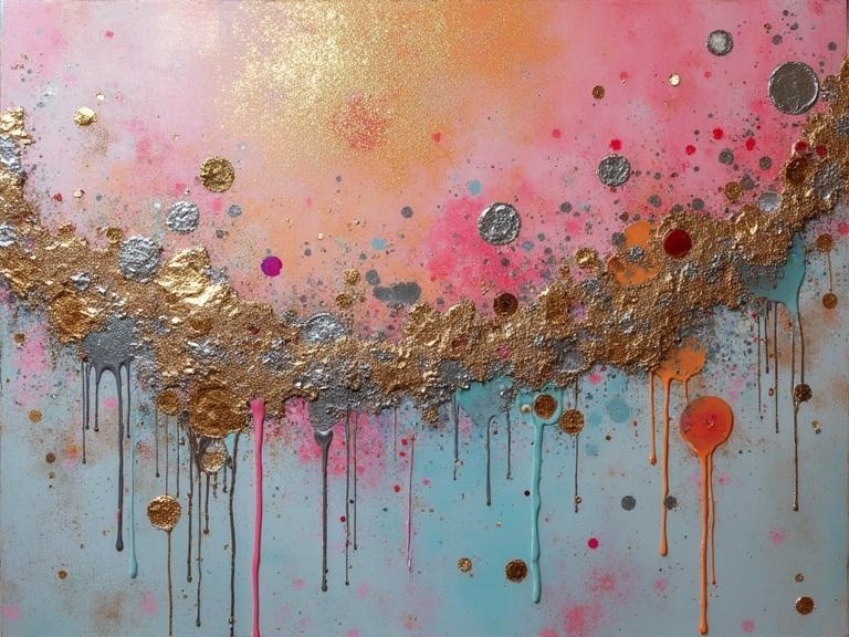 Abstract painting with a vibrant color palette. The artwork features thick textured impasto strokes. Incorporates mixed media materials such as jute fibers, newspaper, and glitter. Emphasizes texture play with splashes and drips. Metallic elements shine prominently. Bold and colorful.