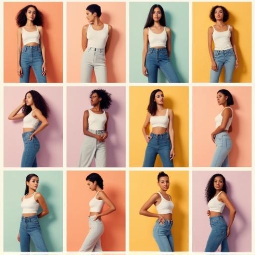 Collage grid of 12 fashionable characters with confidence. Mostly female characters wear stylish casual clothing. Modern influencer vibe with clean faces and unique flair. Solid bold backgrounds complement outfits. Cropped for profile pictures.
