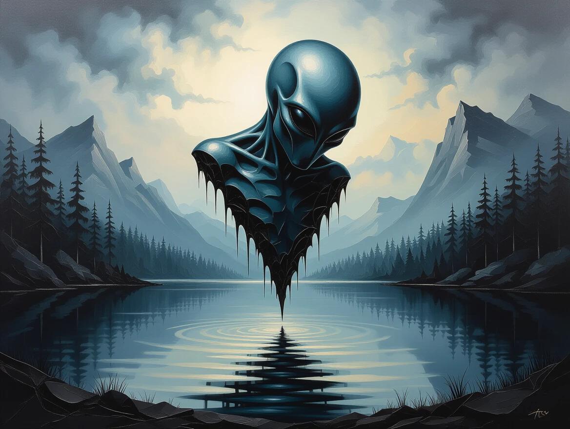 Masterpiece of sculptural oil painting featuring an alien form. Extreme impasto technique enhances textures. Dark fantasy landscape with mysterious atmosphere. Silent figure floats above a still lake. Rough matte oil paint creates depth.
