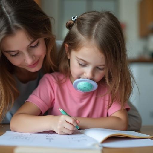 A young girl with long hair wears a pink t-shirt and is at home. She does her homework while her mom assists her. Both are using oversized pacifiers. Focus on their interaction and learning atmosphere.