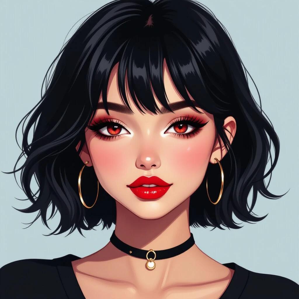 Portrait of a girl with red eyes and a seductive smile. She has short black hair with white highlights and two strands framing her face. Lip gloss on her lips and bags under her eyes.