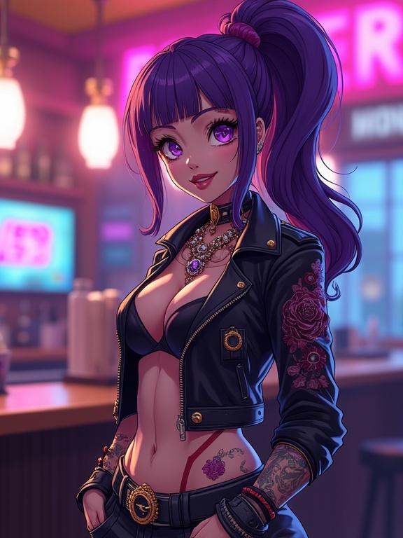 Anime scene with a young woman dressed in a sexy biker gang uniform. She has amethyst purple eyes and a stylish oversized ponytail. The background includes a vibrant biker bar filled with details. The character displays extensive body art and a muscular physique.