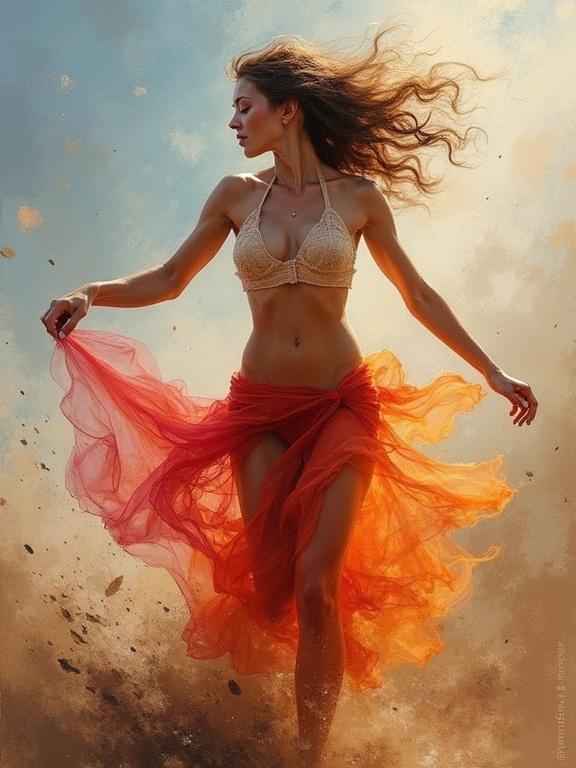 Abstract dynamic scene featuring a beautiful woman in motion. Old master oil painting techniques used. Visible brushstrokes enhance the texture. Laserunk layers add depth. Transparent glazes create light effects. Warm and cool color transitions evoke energy and movement.
