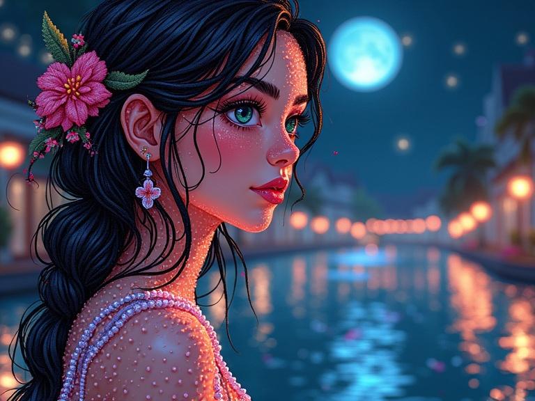A young woman with vibrant features posing by a canal under moonlight. Delicate flower in her hair. Soft glowing lights in the background.