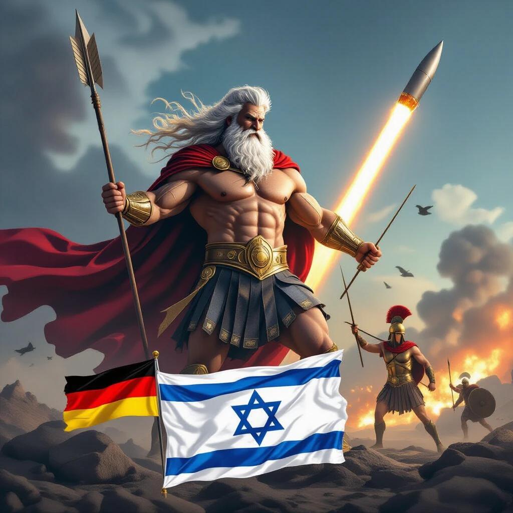 A powerful depiction of Zeus holding a spear and two flags. Background features a chaotic ballistic missile war. Themes of mythology and modern weaponry blend seamlessly. Flags of Germany and Israel are prominently displayed. The scene captures drama and intensity.