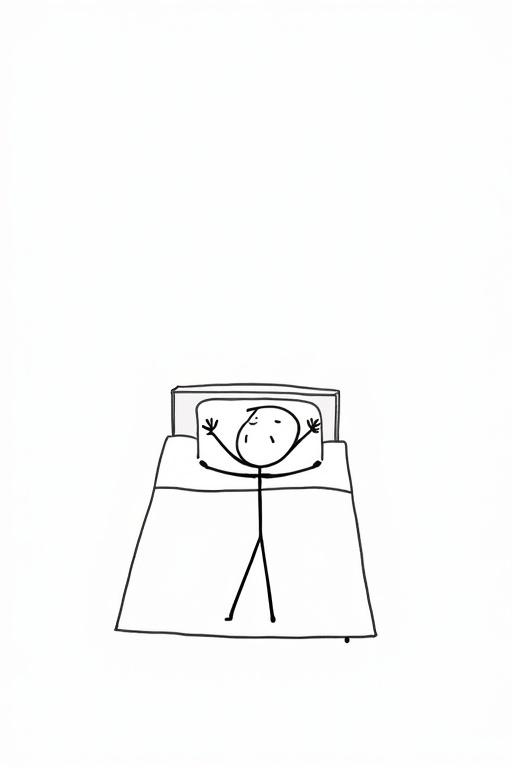 Line diagram shows stickman character waking up and stretching arms in bed. Character is centered on the bed. Simple design with clear lines and high contrast colors.