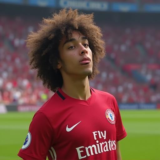 Super realistic Sky Sports screencap featuring a young male footballer in a Chelsea jersey on the pitch