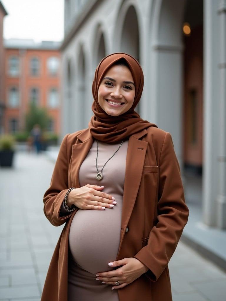 Stylish pregnant woman wearing a brown hijab stands in an urban setting. Warm smile is visible. Elegantly dressed and showcasing her baby bump.