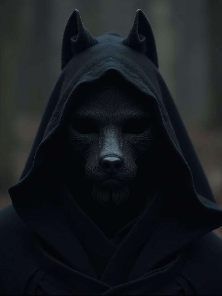 A man wears a jackal mask in a dark forest. The figure is cloaked in black and appears mysterious. The setting is eerie and atmospheric.