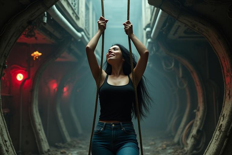 Ultra-realistic interior of a damaged spacecraft. A tall woman hangs mid-air by ropes. Her wrists are tied above her head. The environment is dark and grim. Emergency lights flicker. Dust floats in the air. Shadows and dramatic lighting create tension. Debris and cracks are visible in the background.