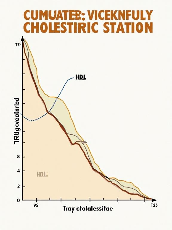 A cholesterol chart illustrating HDL and LDL levels alongside triglycerides. The graph displays a decline in levels with annotations for clarification.