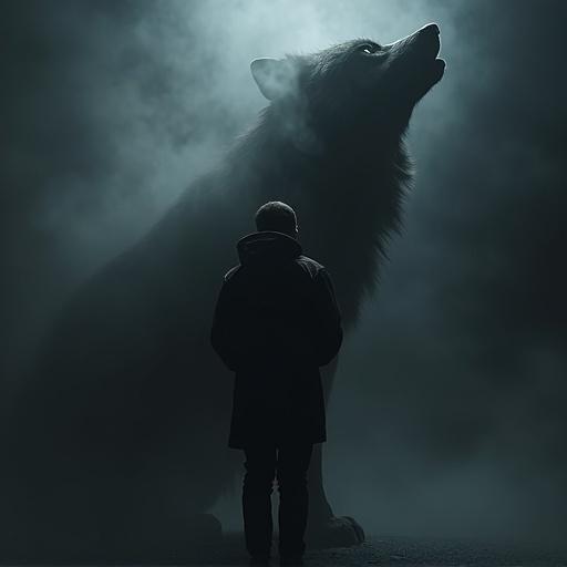 Symbolic album cover featuring an artist looking up at a giant wolf made of smoke. Scene is dark and moody with a spotlight. Thick black smoke rises from artist's shoulders. Wolf has piercing white eyes.