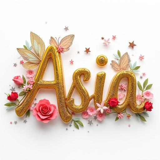 3D render of the name Asia with flowing calligraphic style. Glittering gold letters. Vibrant colors including yellow and green. Floral patterns and heart motifs embedded. Surrounding iridescent fairy wings. Miniature red roses scattered. Radiant pink and silver stars around. Clean white background with soft lighting.