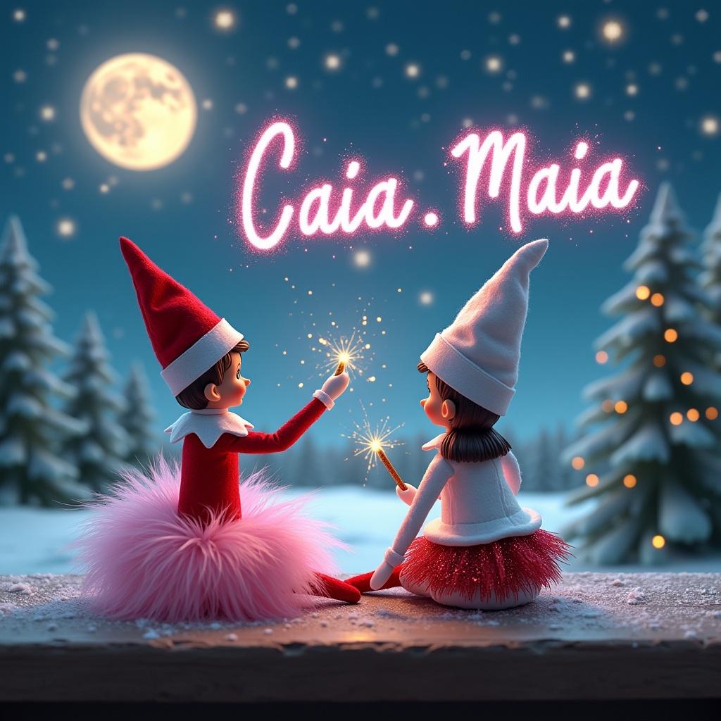 Elf on the shelf creating sparkly names in the air with magic wands. One elf in a pink poofy dress, another in a festive red and white dress. Winter scenery with snow and evergreen trees. Bright moon and sparkling stars enhance the magic.