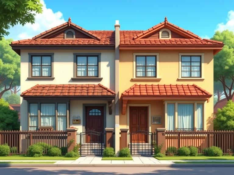 Front view of two attached houses designed in a cheerful cartoon style. Each house has a distinct facade color and unique architectural details. Front yards are different with various fence designs. The setting is bright and sunny, evoking a peaceful atmosphere in a neighborhood. No people are present.