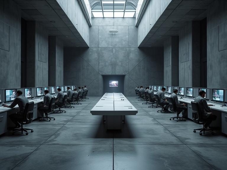 Dark grey blocky smooth concrete command center. Dimly lit interior with monitors. White bulky rectangle table in the center. Metal doors and chairs. Military personnel in grey uniforms. Diagonal textures and shadows. Realistic atmosphere