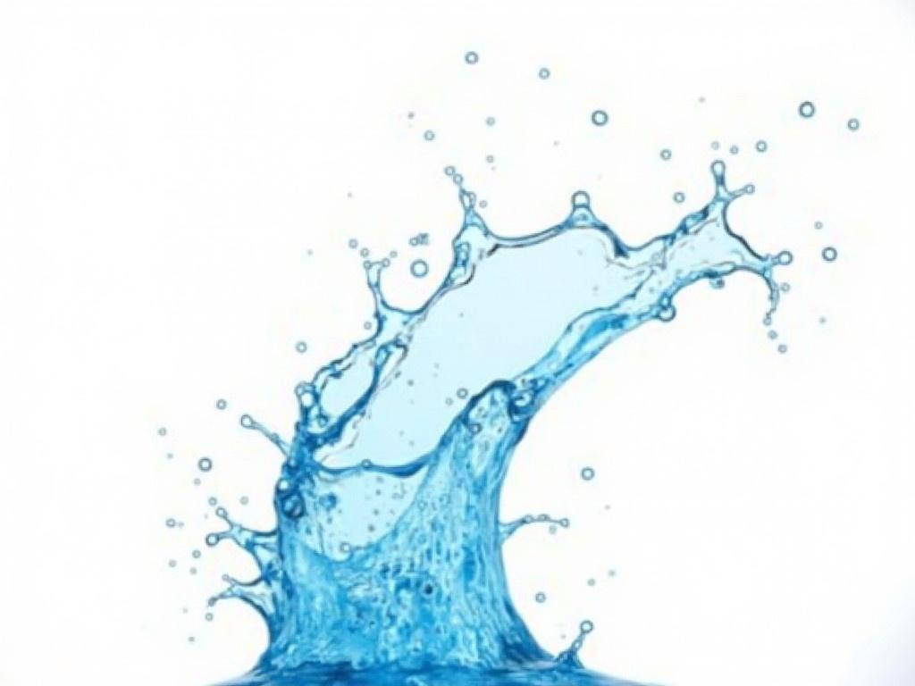 Create an image of a water splash that is isolated on a white background. The splash should have a dynamic shape, with droplets flying outward in various directions. The water should appear crystal clear and vibrant blue, showcasing its refreshing qualities. Ensure there are no distractions in the background to emphasize the splash. The overall feel of the image should convey energy and movement.