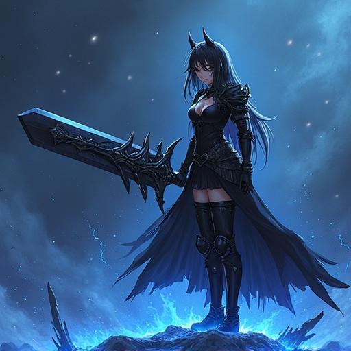 Anime girl wears a revealing black battle outfit. She holds a large black runic sword. Scene depicts a battle on a planet with blue lava. Epic confrontation with a demonic creature. Strong, powerful pose.
