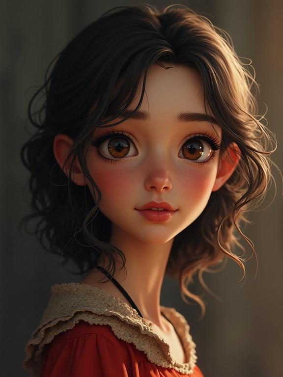 A stylized digital portrait of a young girl with curly dark hair and large brown eyes. She wears a red outfit with a lace collar, looking warmly at the viewer. Soft lighting enhances her features, creating a whimsical and enchanting appearance.