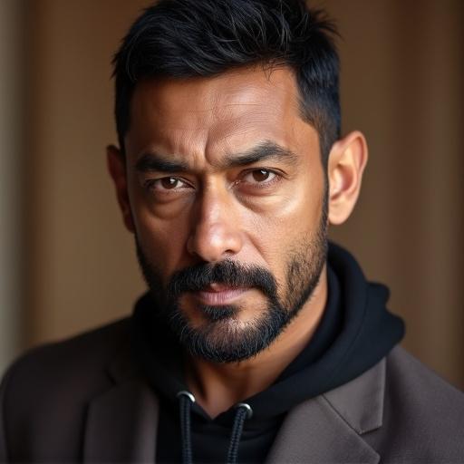 Portrait of an Indian male actor with a serious expression. Dark hair and beard. Wearing a hoodie and a blazer. Simple background. Soft lighting enhances facial features.