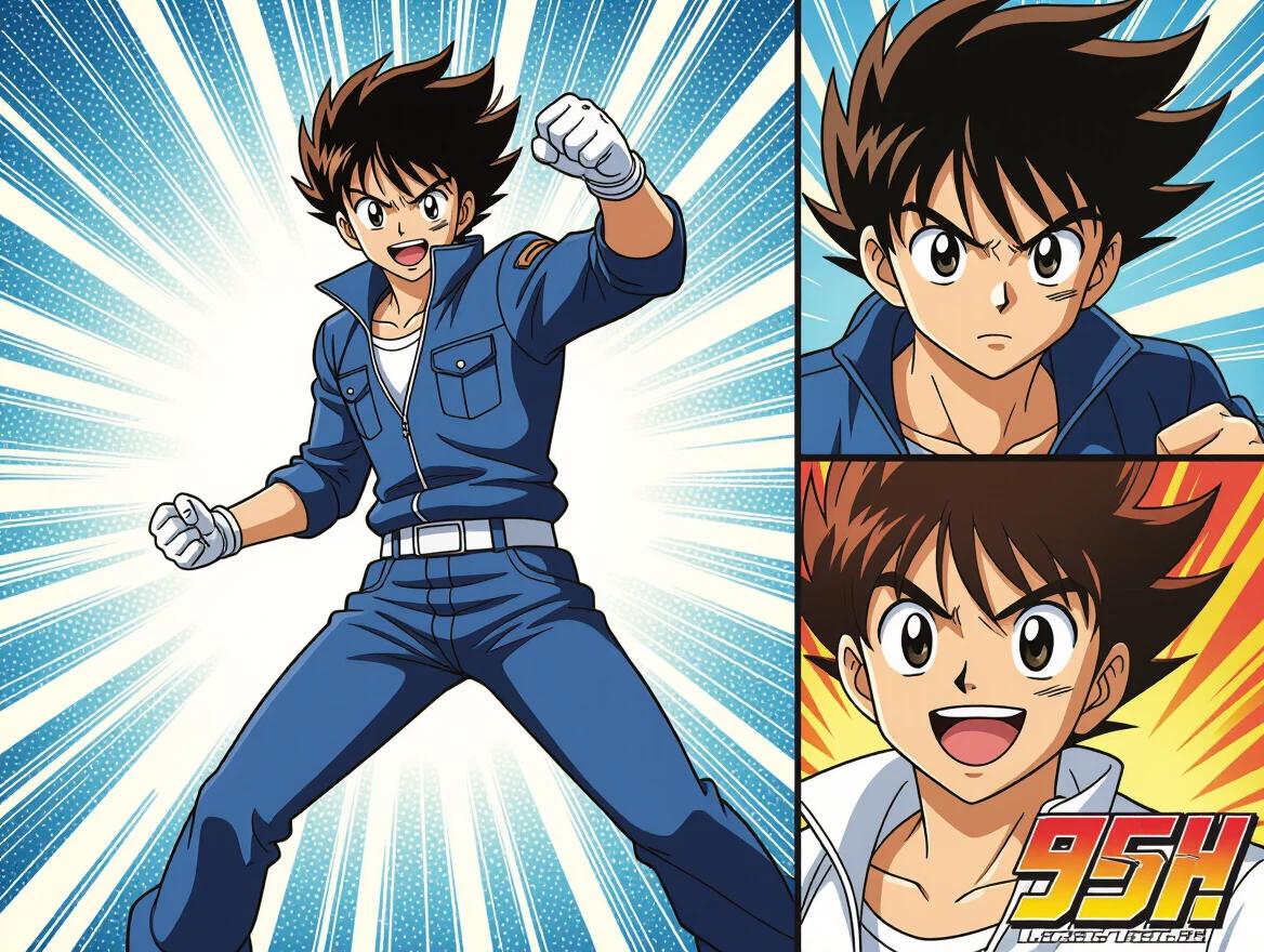 A manga character strikes an epic pose featuring dynamic movement. The character wears a blue outfit with gloves. Lines burst from the background indicating energy and action. The character's expression conveys determination and strength.