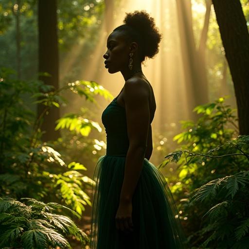 A beautiful woman stands in a lush forest wearing elegant attire. The surroundings feature vibrant green foliage. Dramatic lighting casts deep shadows. The scene has a mysterious atmosphere with warm and golden tones.