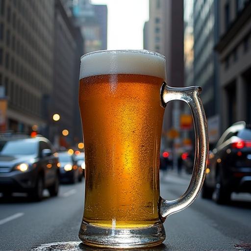 A massive beer mug stands tall in the streets of New York City. Shot from an aerial perspective. The city provides a dynamic backdrop. The scene captures urban life and vibrant culture.