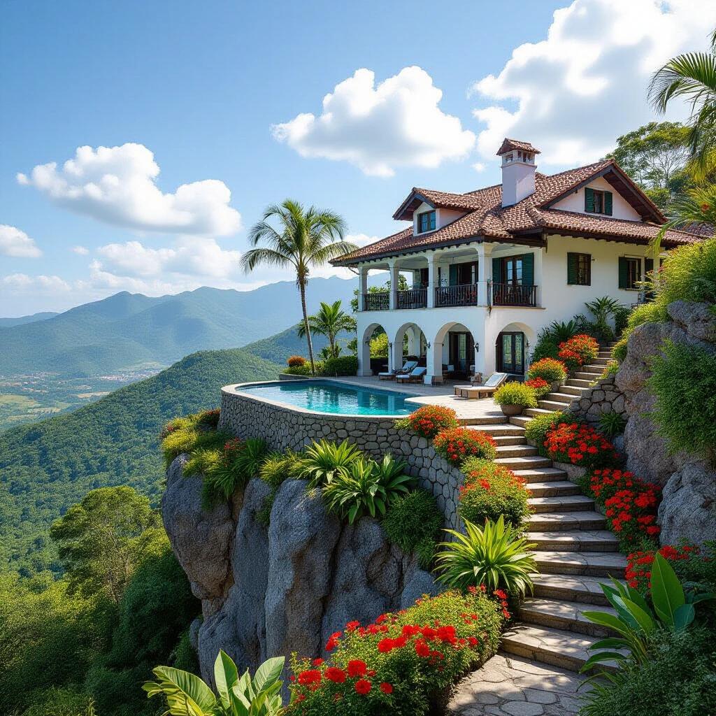 A house layered on a rocky cliff. The house has a dark roof and white walls. Colorful flower beds and tropical plants surround it. A clear blue pool is nearby. A staircase climbs beside the cliff. Rolling hills and a bright blue sky with clouds form the backdrop.