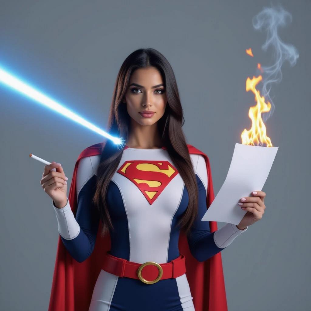 A woman stands in a studio setting with a dark gray backdrop. She wears a form-fitting navy blue and white superhero suit with a red belt and cape. Her long dark hair flows down her back. Her eyes emit blue light. Two bright laser beams converge on a burning sheet of paper in her right hand. Flames and smoke rise from the paper. She holds a cigarette in her left hand with smoke rising from it. White gloves and knee-high boots complete her look.