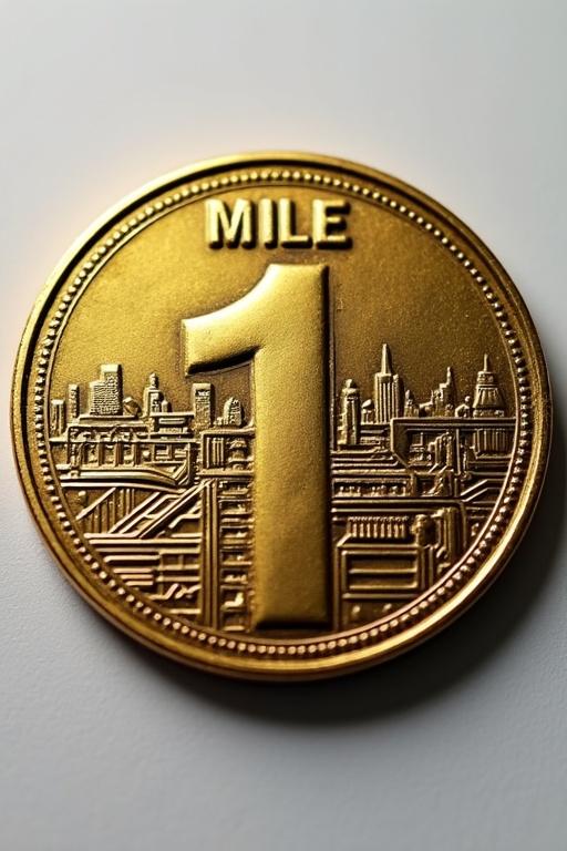Coin in circular shape showing mile marker sign design. The text 'MILE 1' is prominent. Design incorporates urban landscape. Symbolism related to distance and achievement is evident.