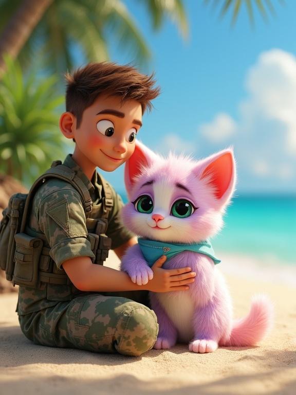 A soldier in tactical gear sits on a tropical beach. The soldier cradles a fluffy anthropomorphic kitten. The kitten has pink and lavender fur with green eyes. The kitten wears a blue bandana. The scene is bright and cheerful. The background shows a sunny beach.
