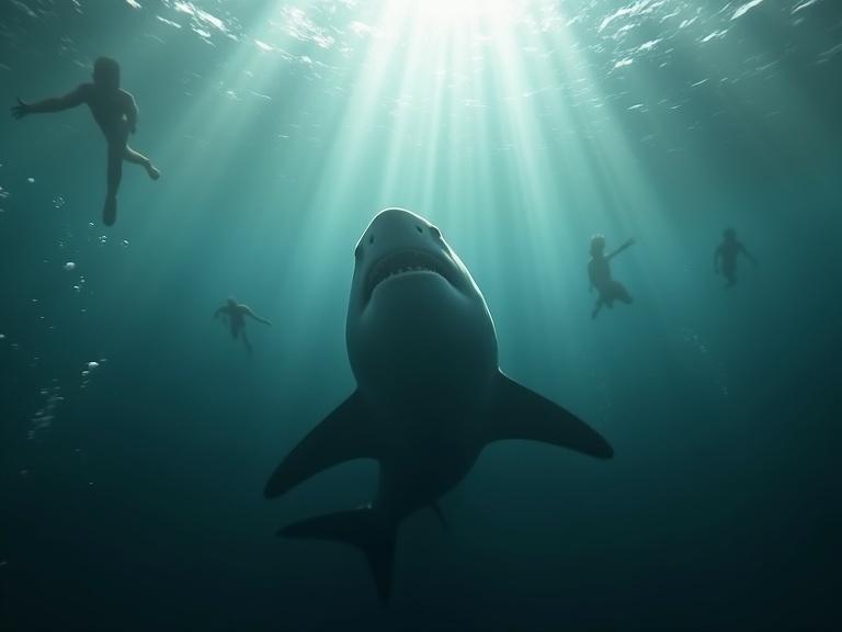 Hyperrealistic underwater scene showing a large shark approaching the viewer. Murky ocean water surrounds the shark, with various people swimming above, unaware of the danger. Sun rays penetrate the water, forming dramatic light patterns. Bubbles and particles float around while the shark maintains a calm but intimidating demeanor. Lighting and textures create a sense of realism and suspense.