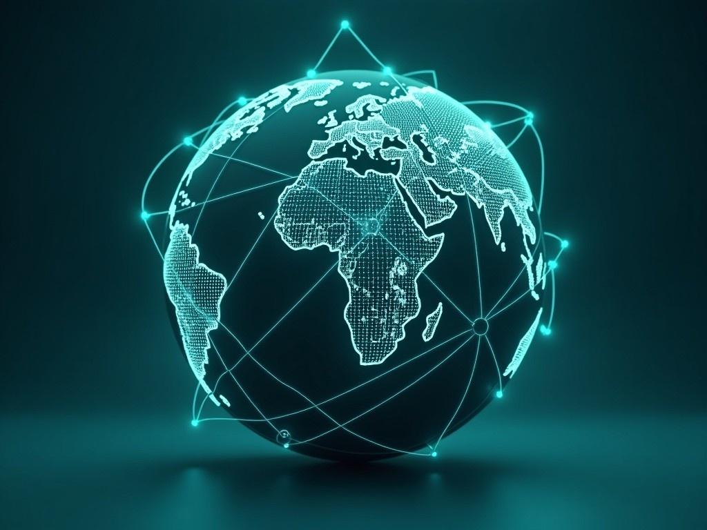 This image features a 3D globe representing the earth, enhanced with digital connection lines interlinking various continents and countries. The globe is rendered in a sleek and modern style, emphasizing connectivity with a gradient color scheme of blue and green tones. The connection lines give an impression of a network, symbolizing global communication and modern technology. The design combines elements of geography with digital art to create a visually striking image. It's suitable for various applications relating to connectivity, technology, and global awareness.