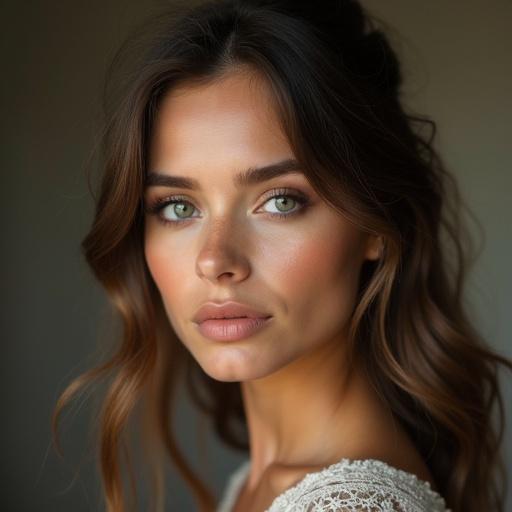 Portrait of a woman with beautiful features and natural makeup. Soft focus and warm lighting enhance her expression. Background is neutral to draw attention to the face.