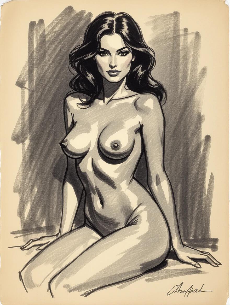 Rough charcoal sketch on old paper showing a beautiful female nude figure in a seductive pose with clean line art and soft coloring.