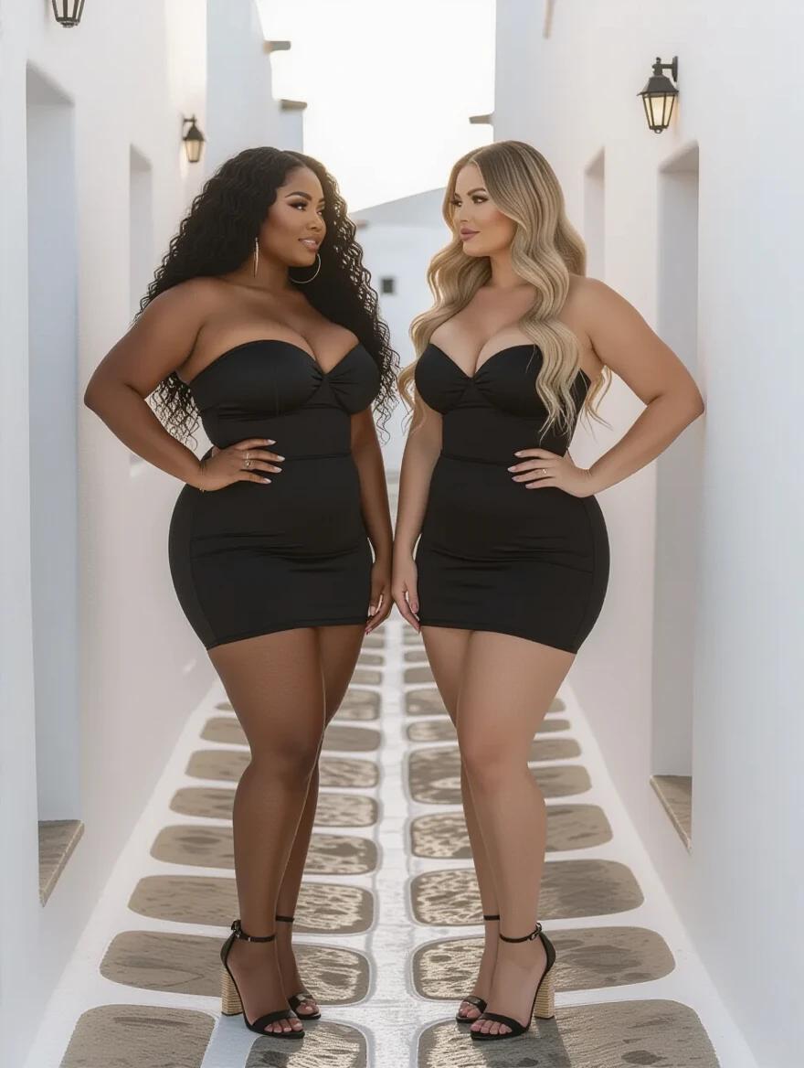 Two women stand in a Mykonos alley during sunrise. They have identical heights but different skin tones. One is black with curly hair; the other is white with wavy hair. Both wear black strapless bandage dresses that fit their curves. They wear espadrille high heels and look at each other.