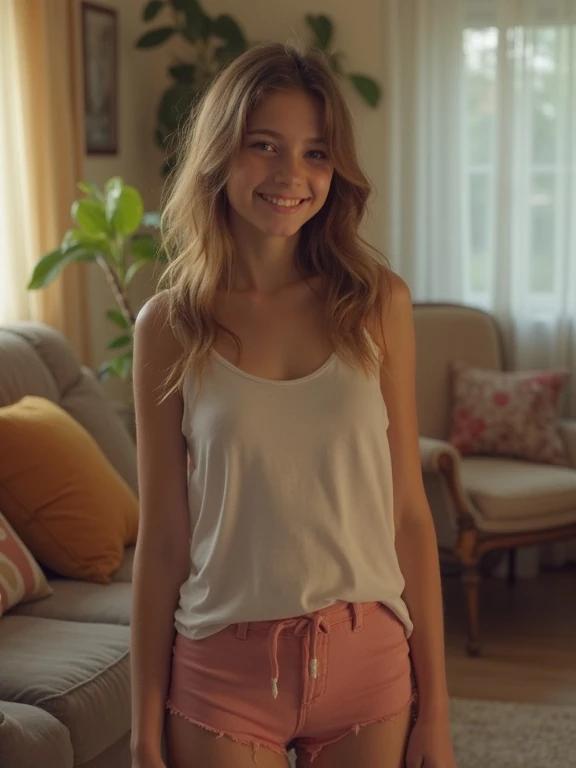 Photo of a casual teen girl posing shyly in a living room. She wears a white tank top and pink micro shorts. The living room is warm with colorful decorations and natural light from the windows. The image has a pixelated and over-saturated look.