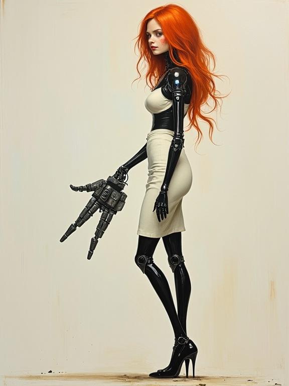 A cyborg woman with long legs and red hair. She wears high black kitten heels and a white pencil skirt. The image shows a robotic arm, and she has freckles. The style is similar to Ashley Wood's paintings.