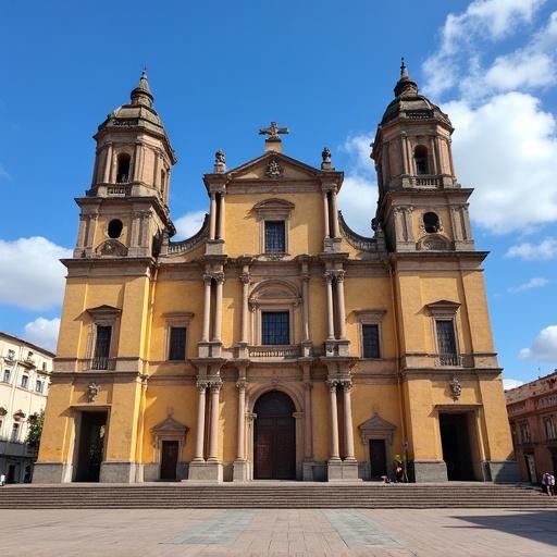 A frontal view of the Catedral de Chiclayo showcasing its architectural details and vibrant colors. Clear blue sky with few clouds in the background. The cathedral features yellow and brown hues with ornamental elements.