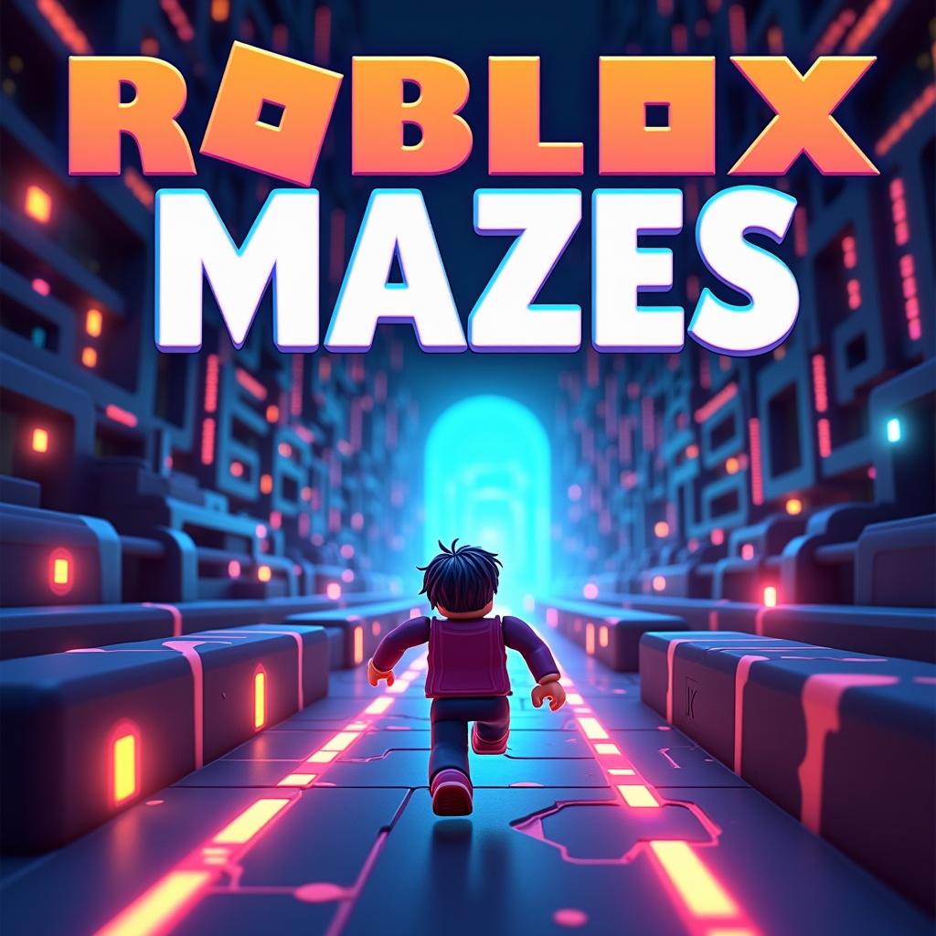 Vibrant game cover design for Roblox focused on mazes. Dynamic atmosphere with colorful futuristic maze. Winding paths with glowing lights and mysterious portals. Character running through maze. Bold title with hints of gameplay.