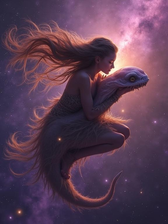 Hyperdetailed scene of a slavic tribal girl floating in zero gravity with a space creature. Stardust trails from their embrace. Nebula backdrop with purple and gold colors. Soft backlighting gives an ethereal glow. The girl has a peaceful expression. Surreal beauty is evident.